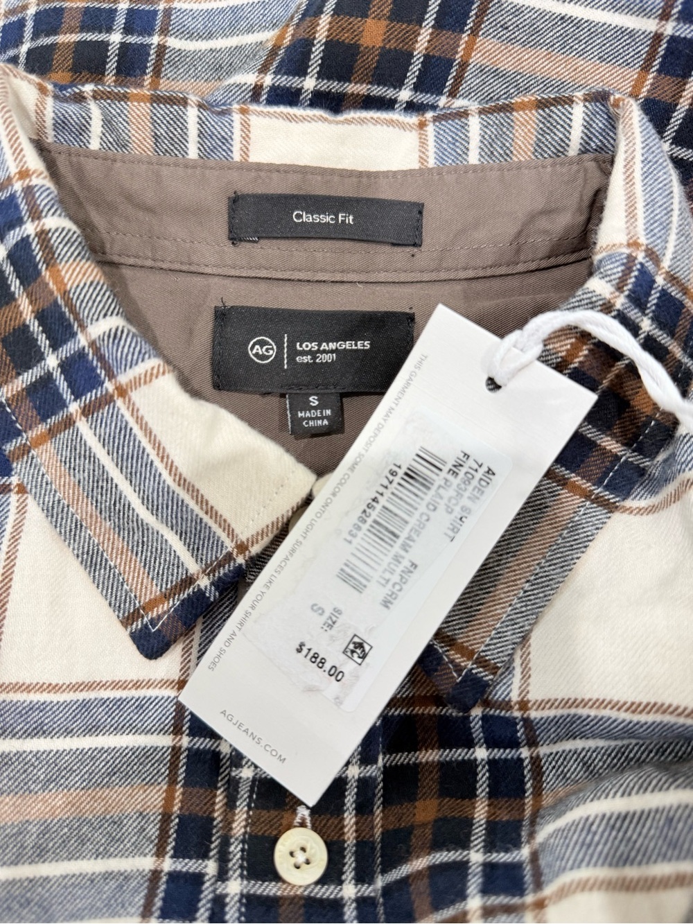 AG Men’s Small Aiden Plaid 100% Cotton Flannel Button-Up Shirt NWT Cream/Navy - Picture 15 of 16